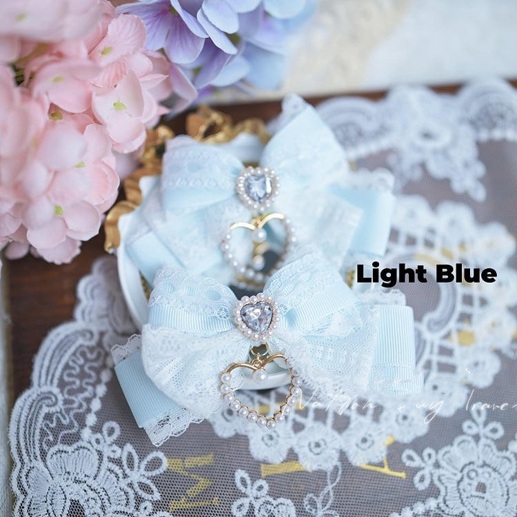 Heart Rhinestone Jirai Kei Lace Bow Hairclips Blue/BlackWhite/White Pink/Light Dusty