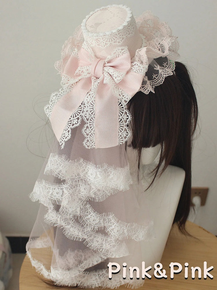 Layered Bow Veil with Hat Lace Mini Head