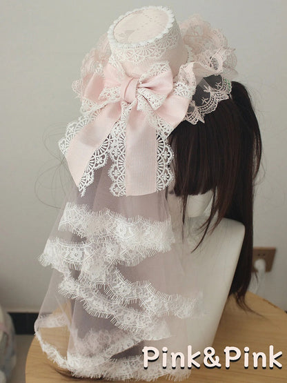 Layered Bow Veil with Hat Lace Mini Head