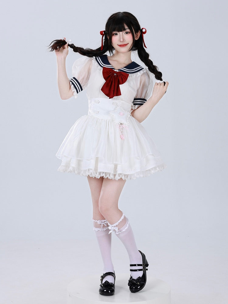 White Star Buttons High Waist Tenshi-kai Skirt with Flutter Shoulder Straps - DevilInspired Exclusive Collection
