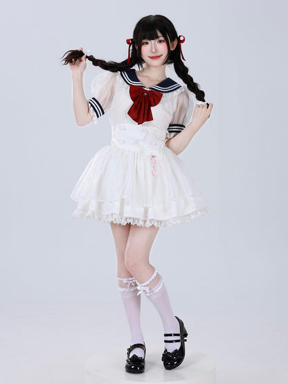 White Star Buttons High Waist Tenshi-kai Skirt with Flutter Shoulder Straps - DevilInspired Exclusive Collection