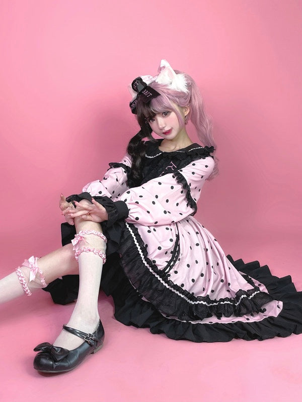 Lolita Dot Cute Long with Black Ruffle Sleeve Polka Dress Pink Details OP