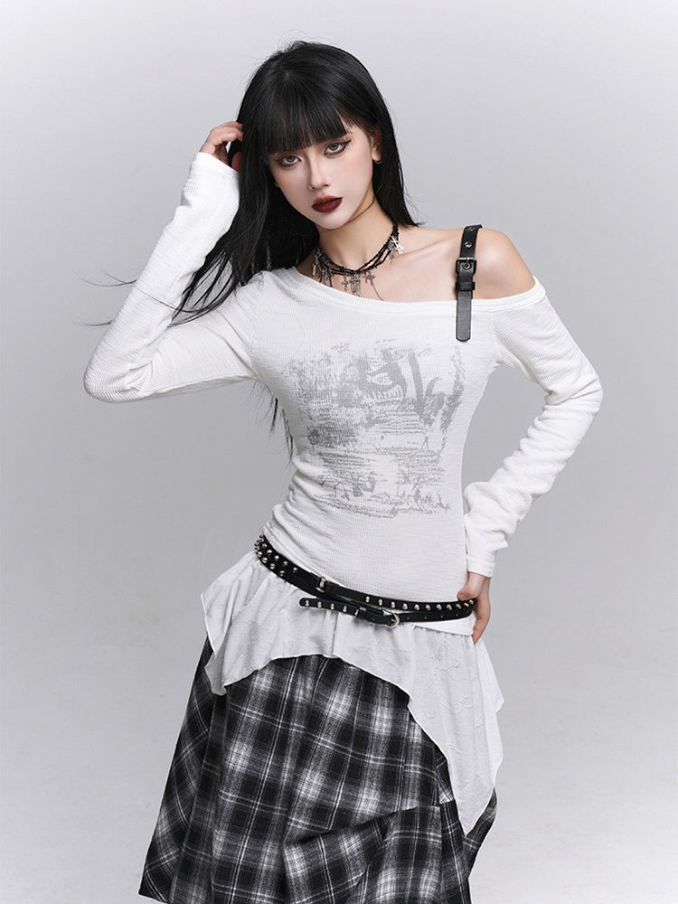 White Gothic Top Graffiti Neck with Asymmetrical Hem