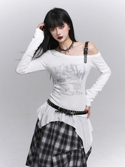 White Gothic Top Graffiti Neck with Asymmetrical Hem