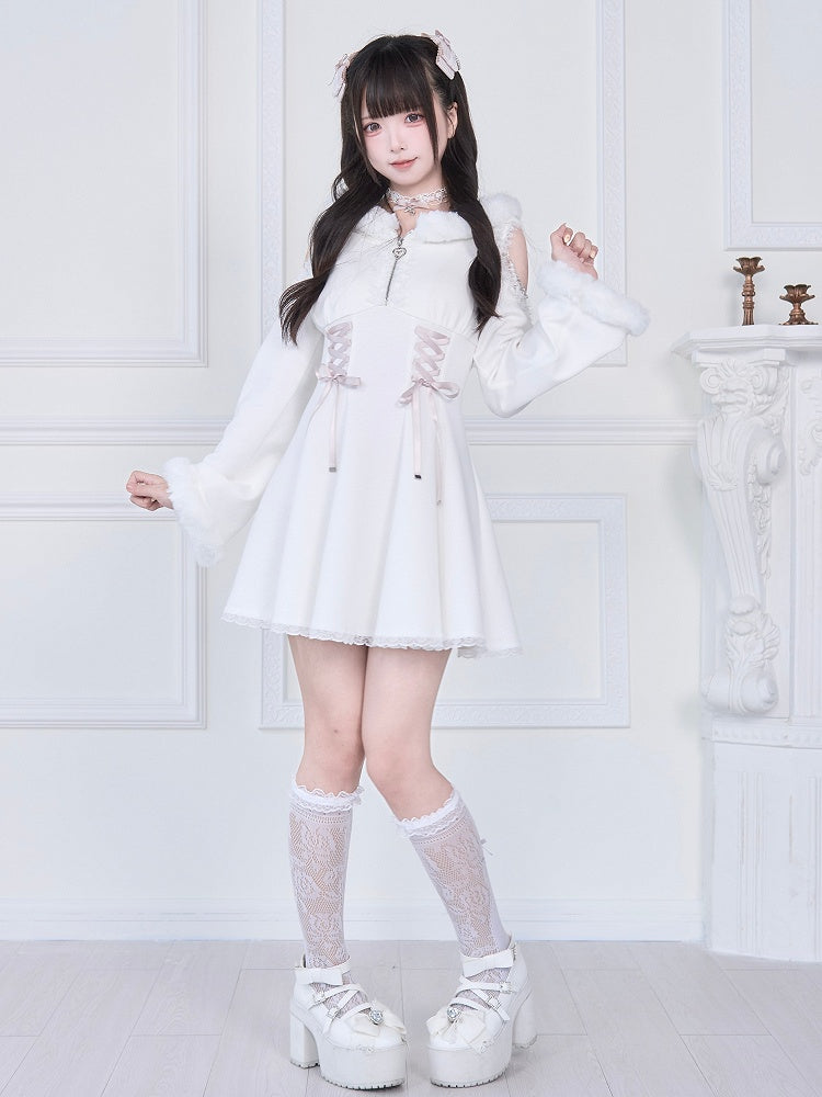 Pure Shoulder Jirai Hoodie with Beaded Chains Trim Plush Cutout Kei White Dress: