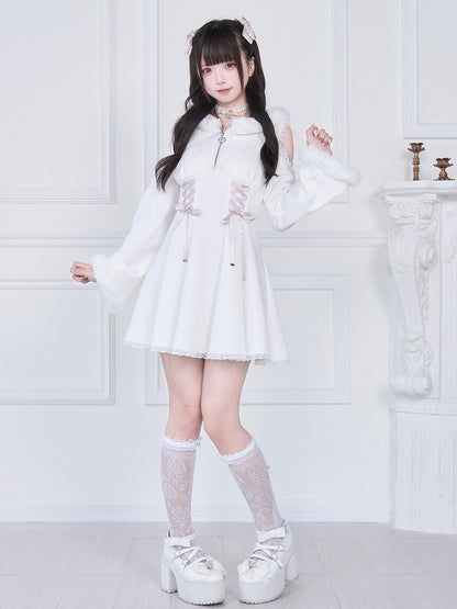 Pure Shoulder Jirai Hoodie with Beaded Chains Trim Plush Cutout Kei White Dress: