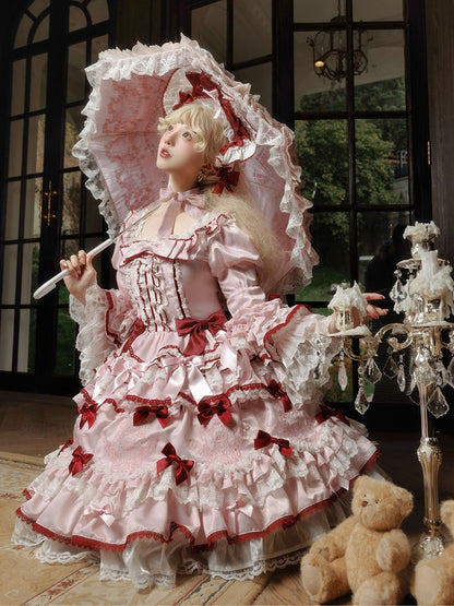 Lace and Pink Accents Trims Bear Sweet Embroidery Bow Dress Lolita White with