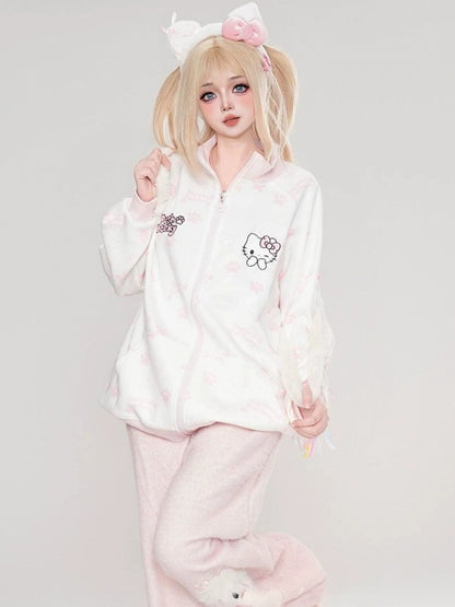 Schwarz/Rosa/Hellblauer Kapuzenpullover mit Kätzchen-Allover-Print