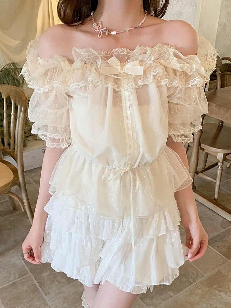 Off-Shoulder Short Sleeve Top in Light Yellow - Lan Jian Chuan
