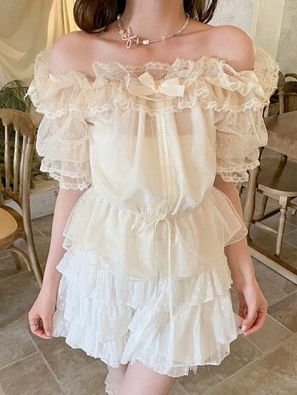 Off-Shoulder Short Sleeve Top in Light Yellow - Lan Jian Chuan