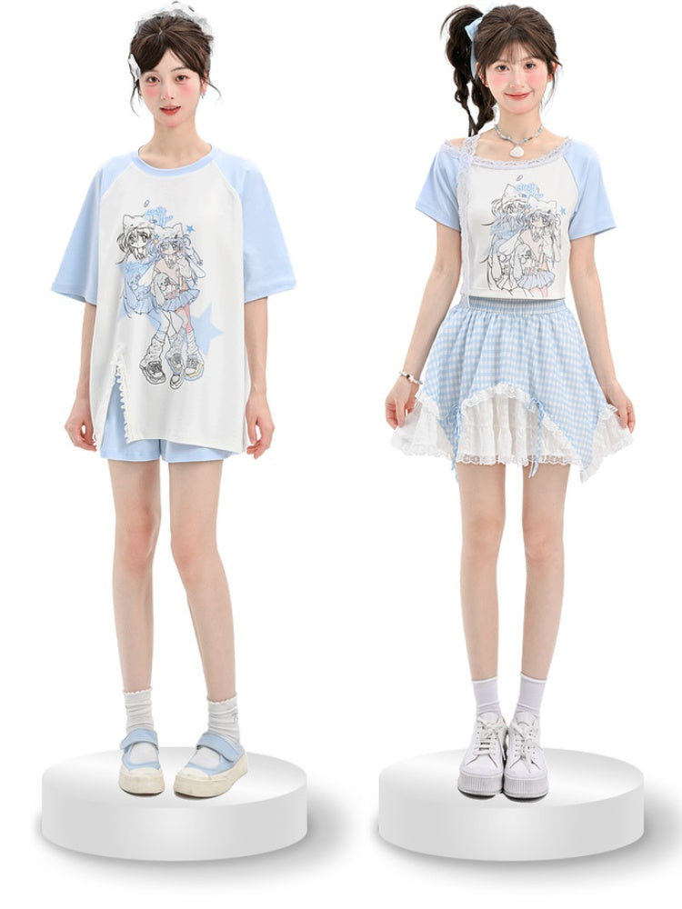 ライトブルーデザイン アニメガールプリントTシャツ カラーブロック ショート/ロングバージョン