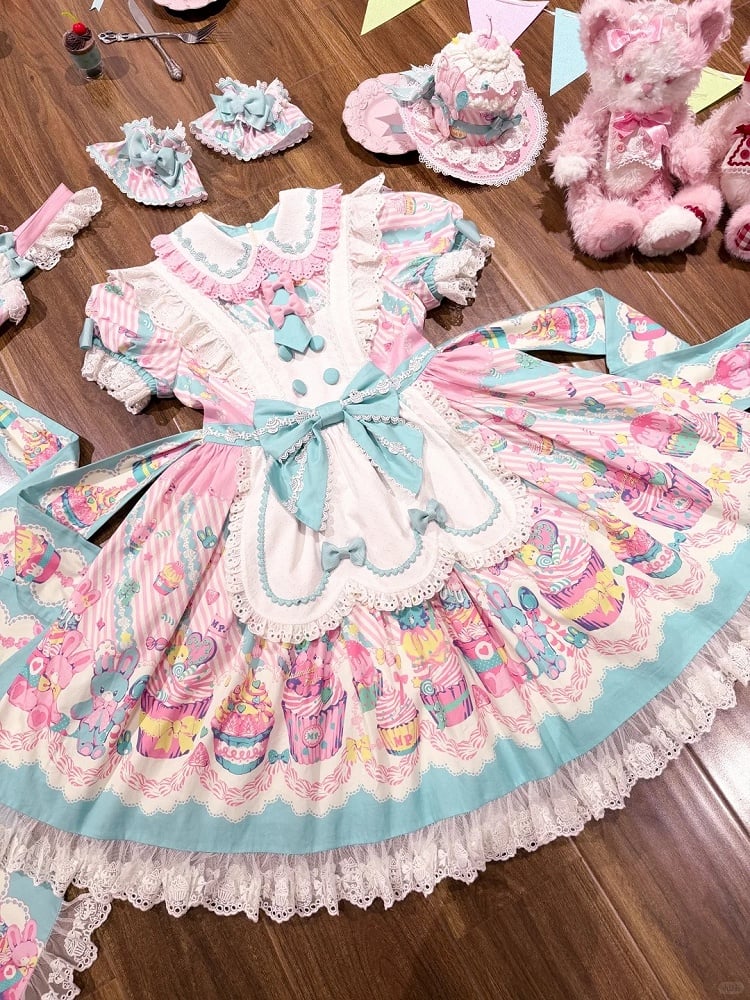 Bunny Collar Dress Pan Lolita Maid Blue Print Cupcake Peter and Pink