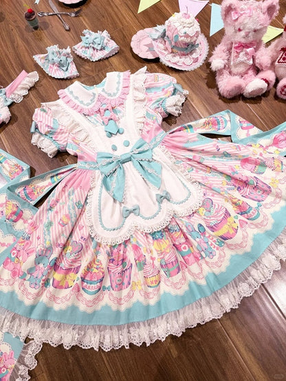 Bunny Collar Dress Pan Lolita Maid Blue Print Cupcake Peter and Pink