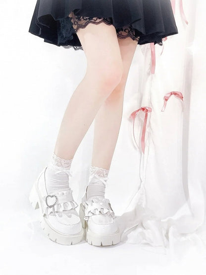 6.5cm White Chunky with Sweetheart Detail Kei Platform Heel Loafers Beaded Jirai