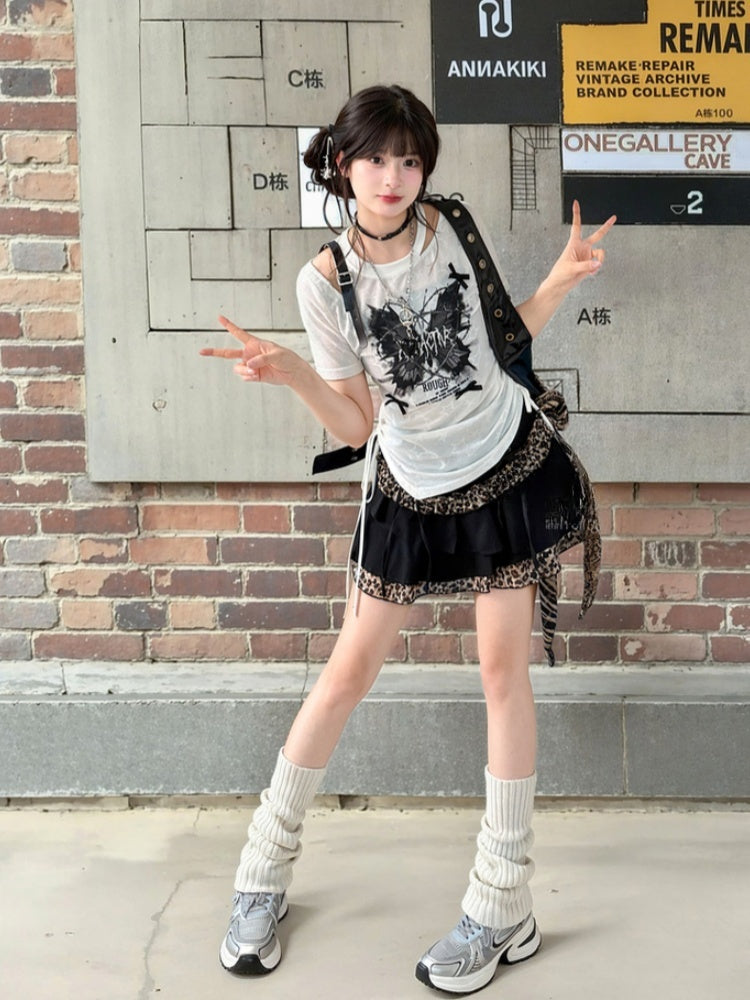 Butterfly Y2K White Semi-sheer PU Print Buckle T-shirt Waist Drawstring Strap Glamorous