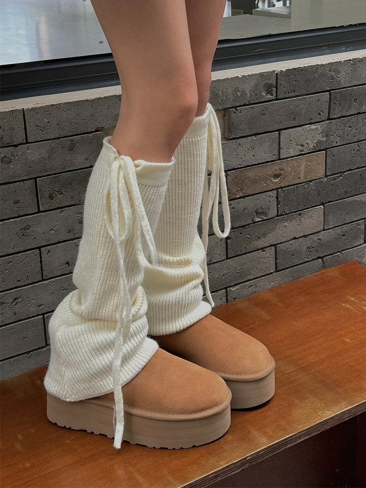 ホワイト/ライトグレー/ブラック/コーヒー/カーキ セルフタイストラップ ニットレッグウォーマー