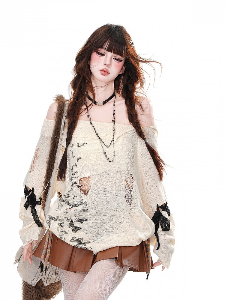 Apricot Off-the-shoulder Neckline Butterfly Distressed Holes Knitted Top