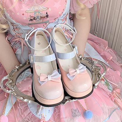 ピンクブルーグラデーション取り外し可能な蝶結びプラットフォームハイブロックヒールロリータシューズ