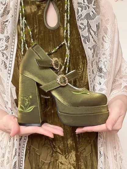 of Valley the Platform Janes Embroidery Lily Bowknot Detachable Green Heel Mary High Block