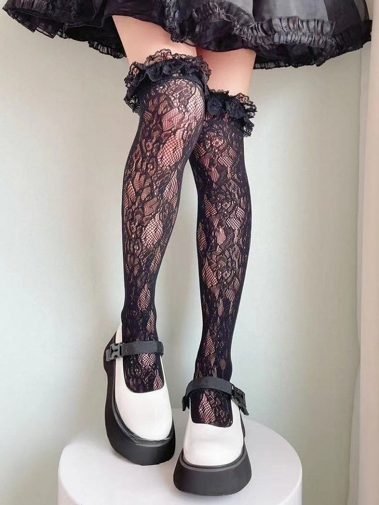 Weiß/schwarze Lolita-Overknee-Strümpfe mit Rüschen und Spitzenbündchen