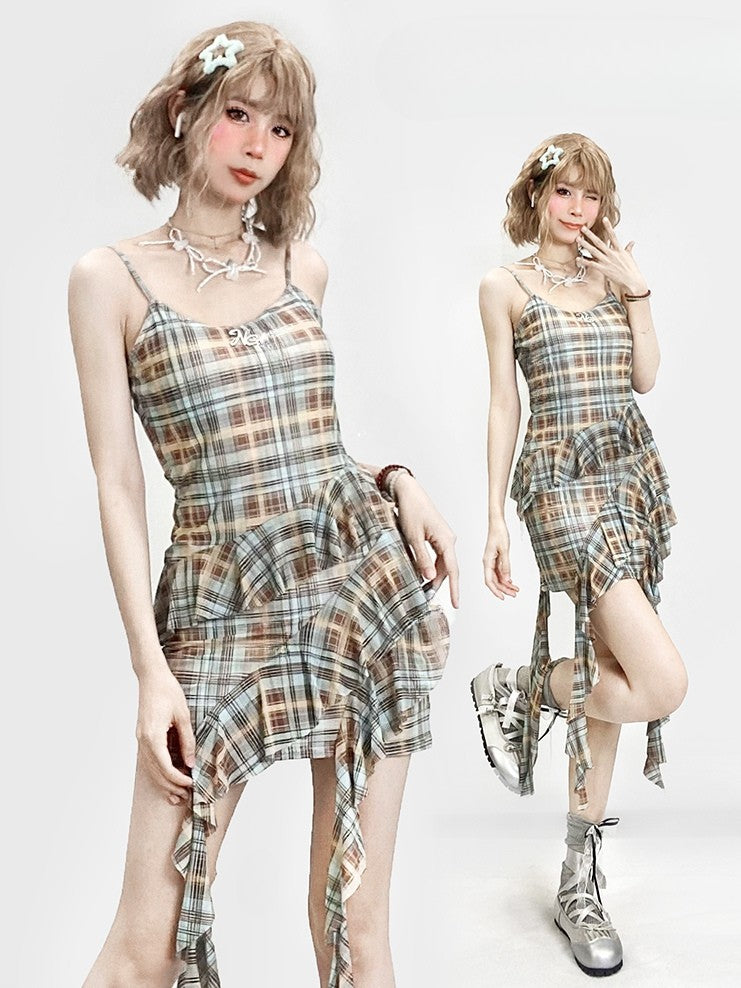 Cami Pattern Y2K Blue Asymmetrical Hem Plaid Glamorous Dress