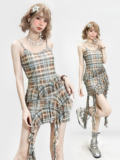 Cami Pattern Y2K Blue Asymmetrical Hem Plaid Glamorous Dress