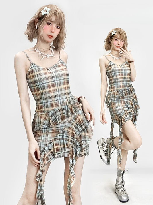 Cami Pattern Y2K Blue Asymmetrical Hem Plaid Glamorous Dress