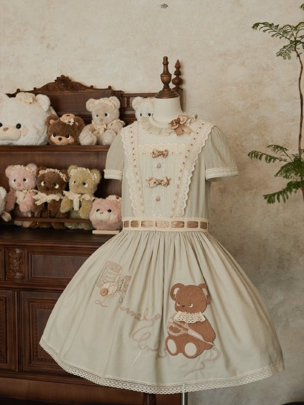 Lolita Dropped Embroidery Teddy Sweet with Green Bear Dress Waist