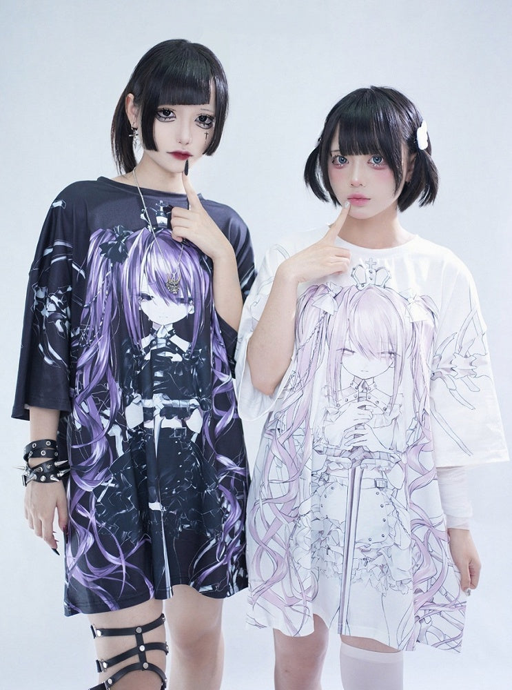 Oversized Anime Girl Print Tee - Tribuo Flos