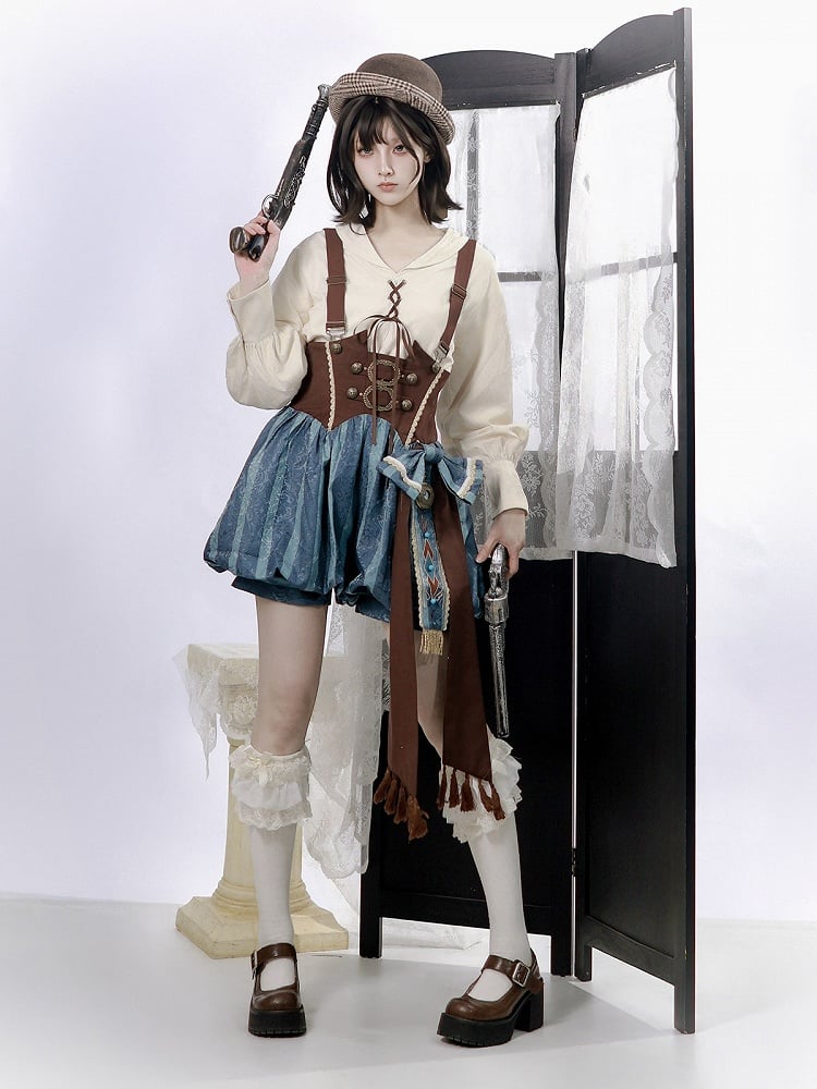 Brown & Blue Wasteland Style Asymmetrical Lolita Cape + Lace-Up Top + Striped Overall Shorts Set - Xiong Dou Jiang