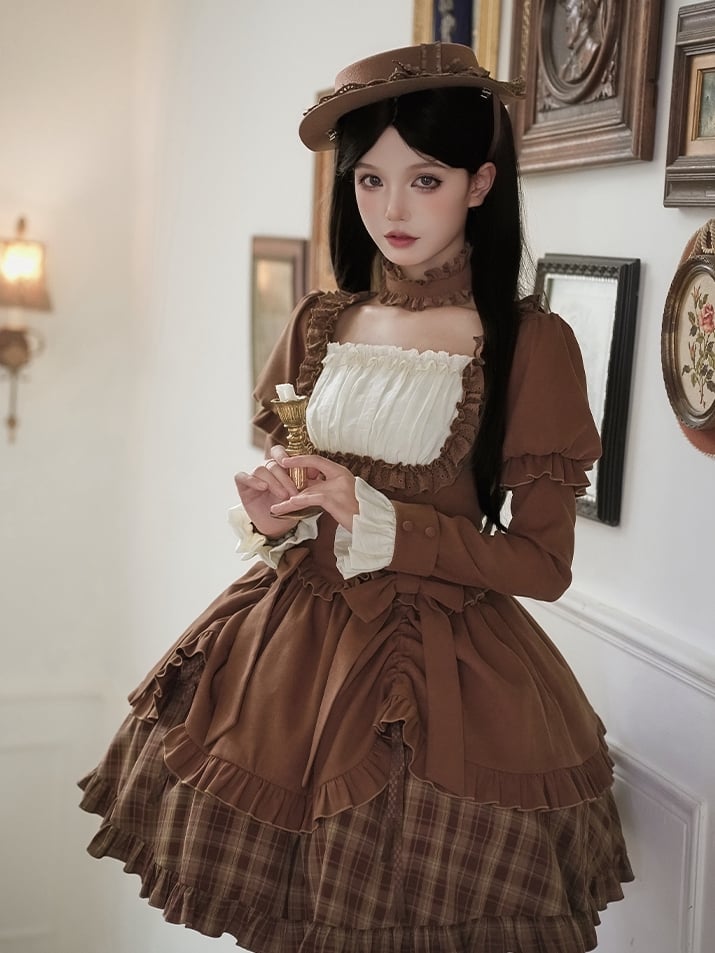 Neckline Short Elegant Square Dress Classic Coffee Lollita Plaid Version