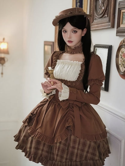 Neckline Short Elegant Square Dress Classic Coffee Lollita Plaid Version