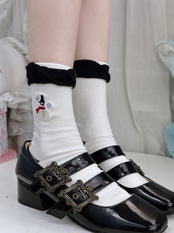 Kawaii Snowman-Embroidered Calf Socks