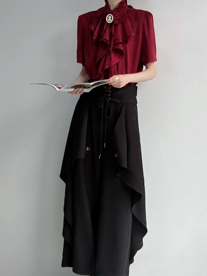 Layered Ruffle Red Ouji Short Sleeve Blouse - ROAE