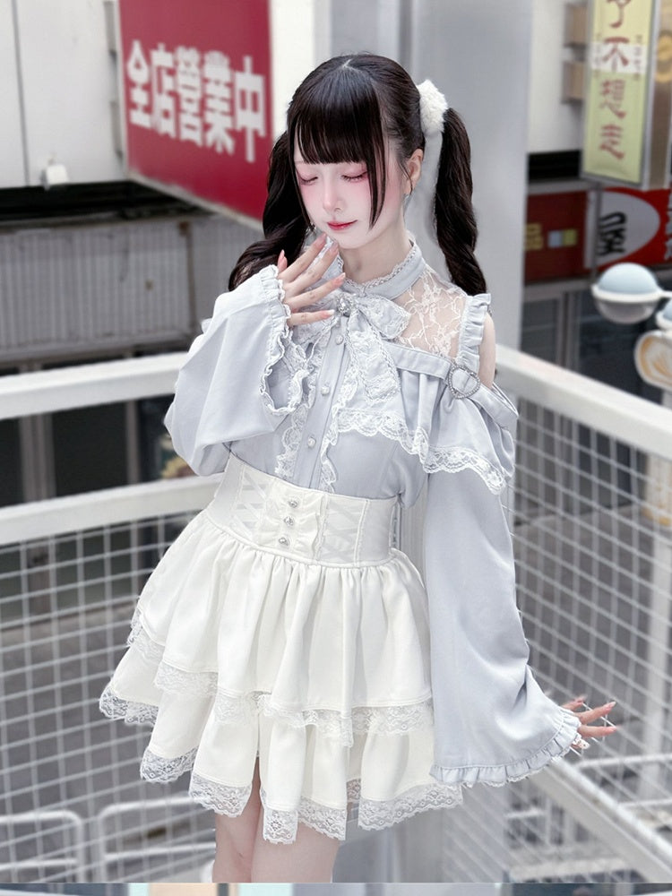 Three-Piece Sleeve Jirai Blouse Flared Blue Kei Set: Cutout Shoulder