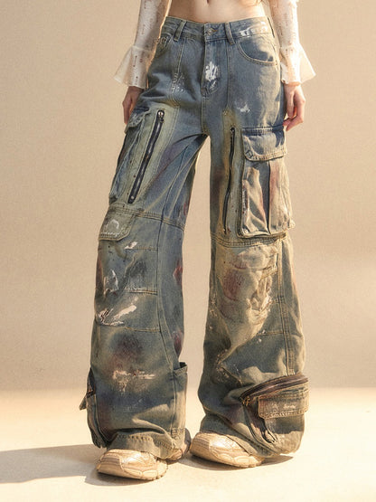 Blue Distressed Wide-Leg Jeans with Spray Paint Print and Zipper Pockets - Shao Ye Yan