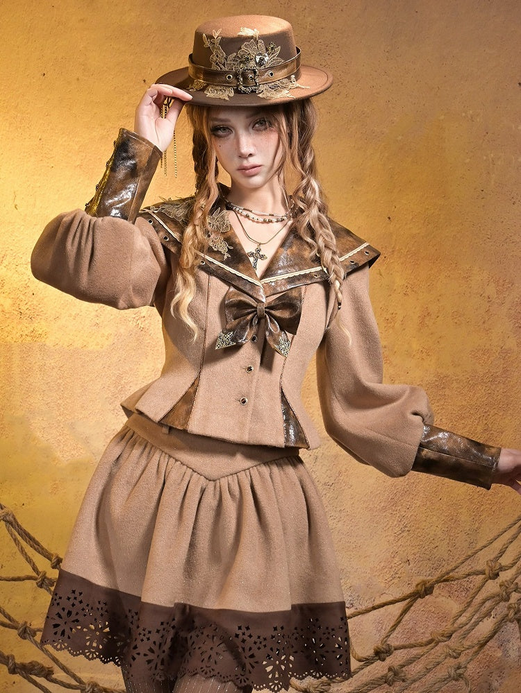 Lace Collar Applique Steampunk Embroidered Top PU with Khaki Sailor Brown