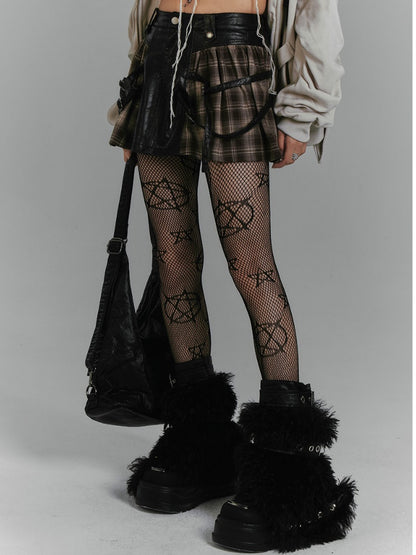 Buckle Brown Plaid Patchwork Design Fashion PU Skirt Punk Millard Straps Vintage