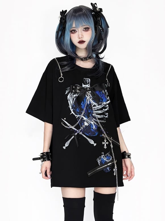 Convertible Zip-Shoulder Hardwarein Rib BlackWhite/BlackBlue Printwith T-shirt:Strawberryand Decorative