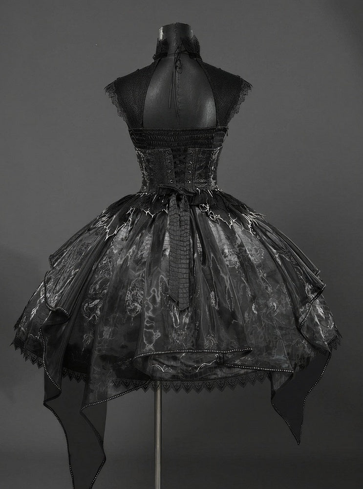 Black & Gray Bone Dragon Embroidery Halter Neck Gothic Lolita Dress Set - Ying Luo Fu