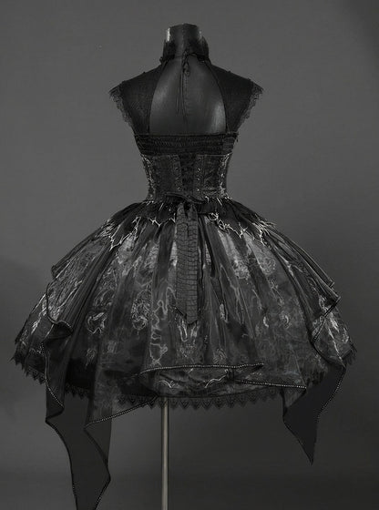 Black & Gray Bone Dragon Embroidery Halter Neck Gothic Lolita Dress Set - Ying Luo Fu