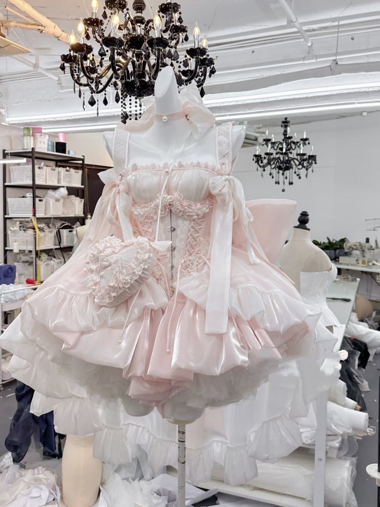 Hime trägerloses Lolita-Kleid mit großer Taille und Schleife, Ausschnitt, süßes Korsett, Rosa