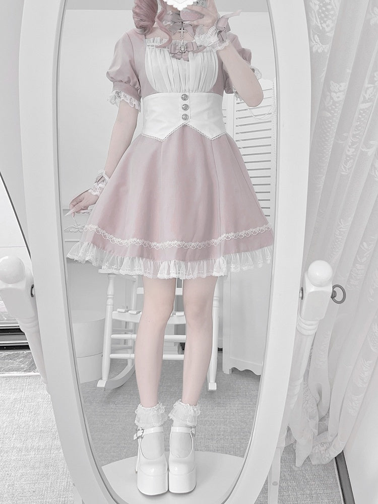 Dress Trim Lace Jirai Kei and White Set Full Waist Corset Belt Design at with Pink