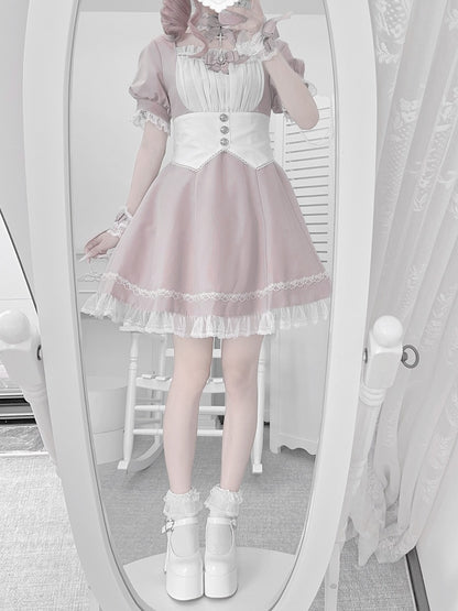 Dress Trim Lace Jirai Kei and White Set Full Waist Corset Belt Design at with Pink