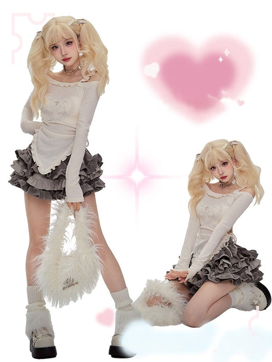 Sleeve Cutout Long Knit Beige Shoulder Top Neckline Asymmetric Backless/Covered-Back with and