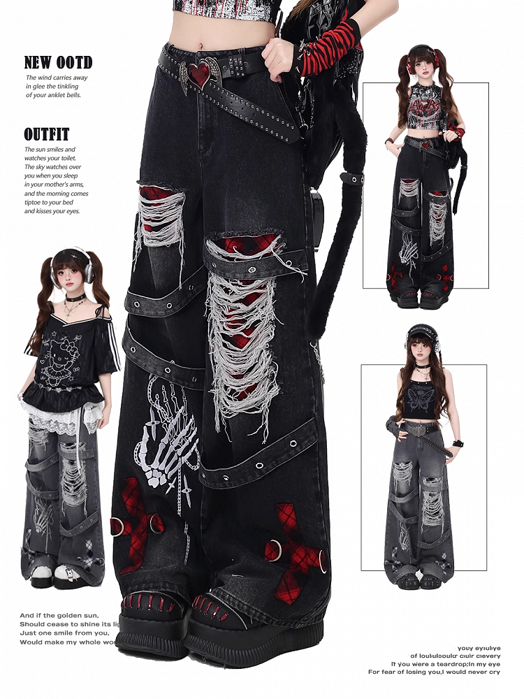 Vintage Weites Bein Grau/Rot Karo Waschung Distressed Faded Punk Holes Jeans