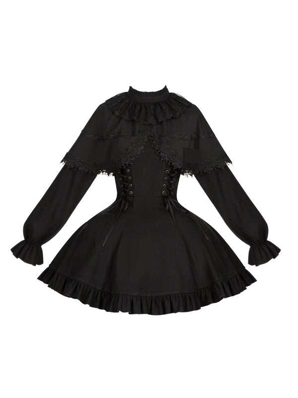 False Jirai Two-Piece Lace-up Black Cape Kei-inspired with Details Dress