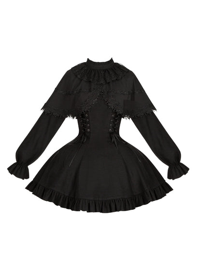 False Jirai Two-Piece Lace-up Black Cape Kei-inspired with Details Dress