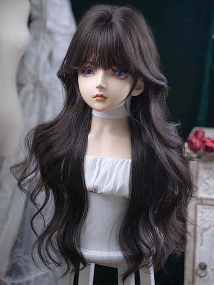 Perücke mit Länge 71 cm, luftbraun, gewellter Pony, dunkel