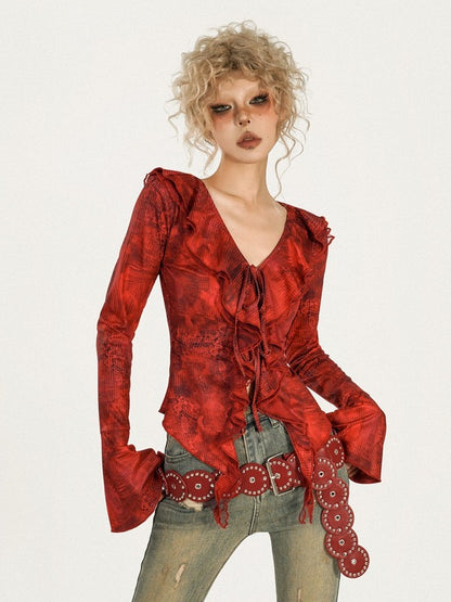 Ruffled Bell Sleeve Red Floral Pattern V-Neck Top